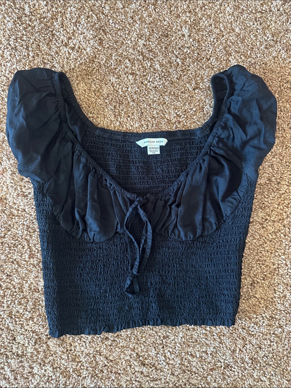 American Eagle Outfitters Black Smocked Puff-Sleeve Crop Top with Ruffle Tie